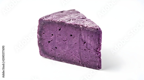 Purple Cheese Wedge On White Solid Background, Creative Dairy Concept With Vibrant Color, Unique Food Design For Experimental Cuisine And Fun Presentation