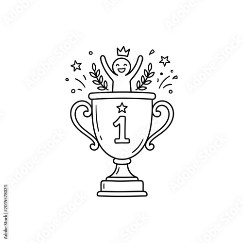 Trophy with Smiling Winner and Crown.