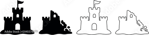 Schilderij op canvas Set of sandcastle icons, one intact and one partially ruined, in silhouette and