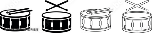 Photos Set of snare drum icons with drumsticks in black and white outline styles