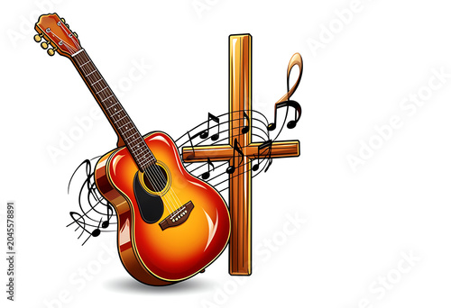 Acoustic guitar next to a wooden Christian cross with music notes