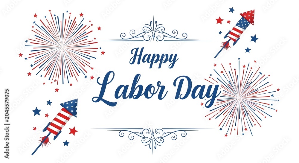 Fototapeta premium Happy labor day greeting card with fireworks and rocket firecrackers isolated on white background