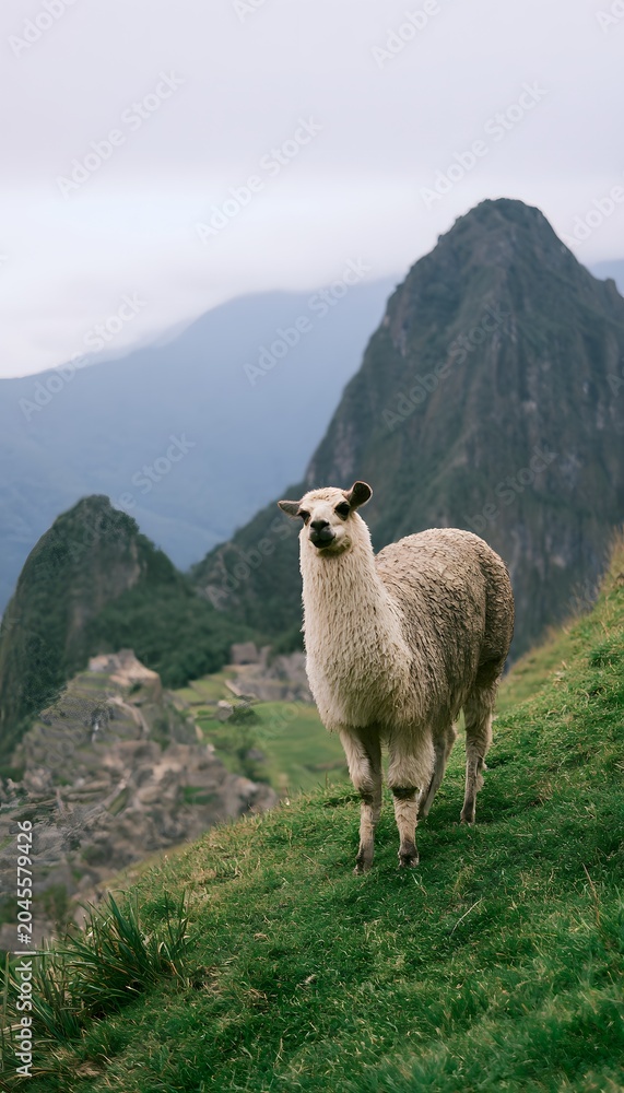Obraz premium Peaceful Llama Landscape Ancient Ruins Serene Mountain Vista Natural Solitude Connection to Nature
