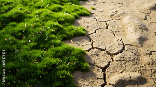 Green Sports Field Grass Transitioning Into Cracked Dry Earth