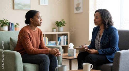 A Black woman sits on a gray sofa, engaged in a conversation with a Black woman therapist.