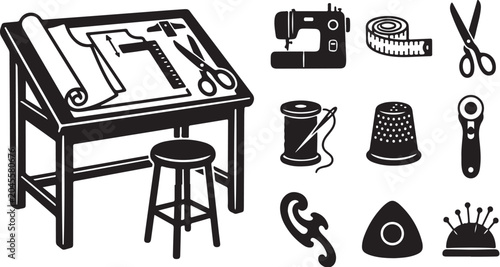 Sewing tools and equipment on a worktable illustration
