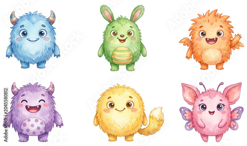 cute fuzzy monsters characters collection watercolor clipart set