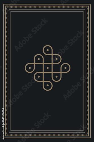 Minimalist celtic knot symbol inside ornate decorative rectangular border with geometry minimalist abstract cultural decoration symmetrical intricate tradition template creative isolated