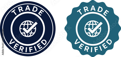 Foto Trade Verified Badge with Check Mark and Globe Icon Set