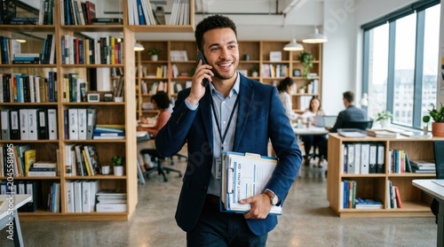 A smiling young man in a blue suit is talking on his phone while walking through a modern office. He is holding a stack of documents and appears to be engaged in a business conversation.