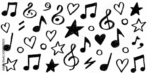 Slika na platnu Hand Drawn Musical Symbols And Hearts Black On White Background