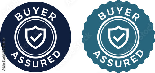 Fotografía Buyer Assured Badge Icons with Shield and Check Mark on White Background