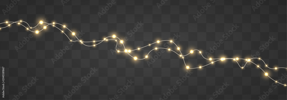 Fototapeta premium Christmas string lights garland PNG. Golden glowing LED lamps and luminous yellow gold bulb decoration isolated on transparent background. Realistic Xmas vector design for poster and invitations.