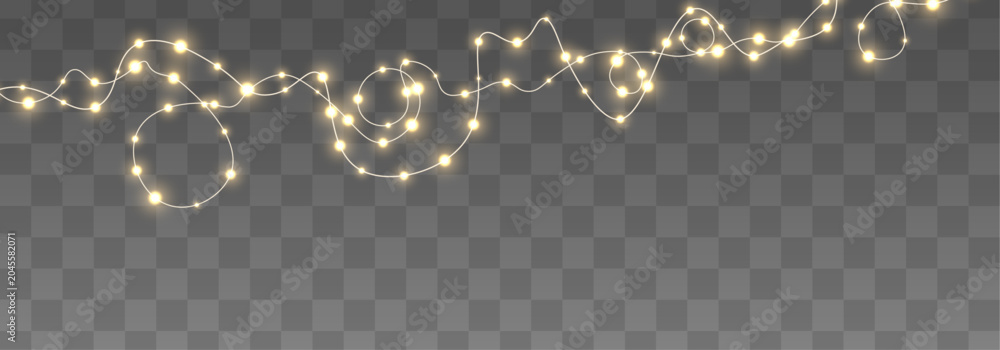Fototapeta premium Xmas string garland lights PNG. Realistic golden LED lamps with glowing yellow bulbs and luminous decoration. Christmas vector design isolated on transparent background.