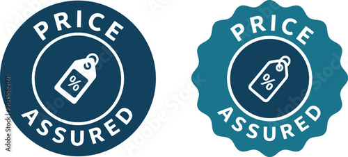 Cuadro en lienzo Price Assured Badge Icons with Tag Symbol on Blue Background