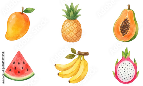 cute tropical summer fruits mango pineapple and dragon fruit watercolor clipart set
