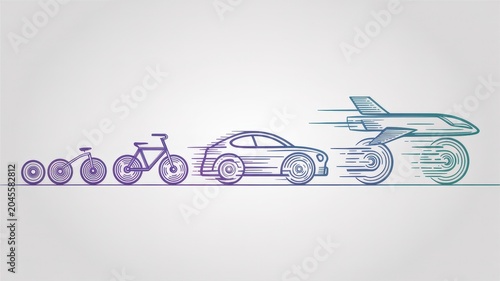 The evolution of transportation, from early wheels to futuristic flight