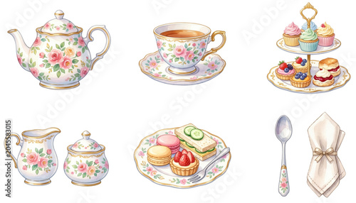 cute elegant tea time set with floral teapot and cupcakes watercolor clipart collection