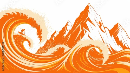 Surfer rides a massive ocean wave with snow-capped mountains in the background, symbolizing adventure and nature's power.