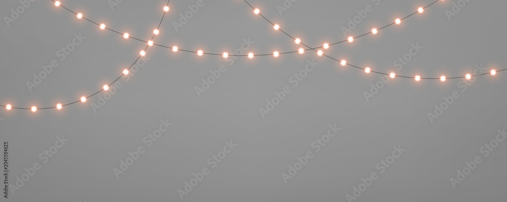 Fototapeta premium Christmas lights garland PNG. Golden, orange LED lamps and luminous red bulb decoration. Realistic glowing Xmas lights isolated on transparent background.