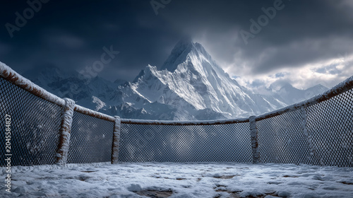 Low angle shot , MMA ice stage and snow mountain with black clouds is background , action cinematic background image.