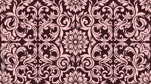 Seamless damask pattern with pale pink floral ornate flourishes on a dark brown background, for textile and wallpaper
