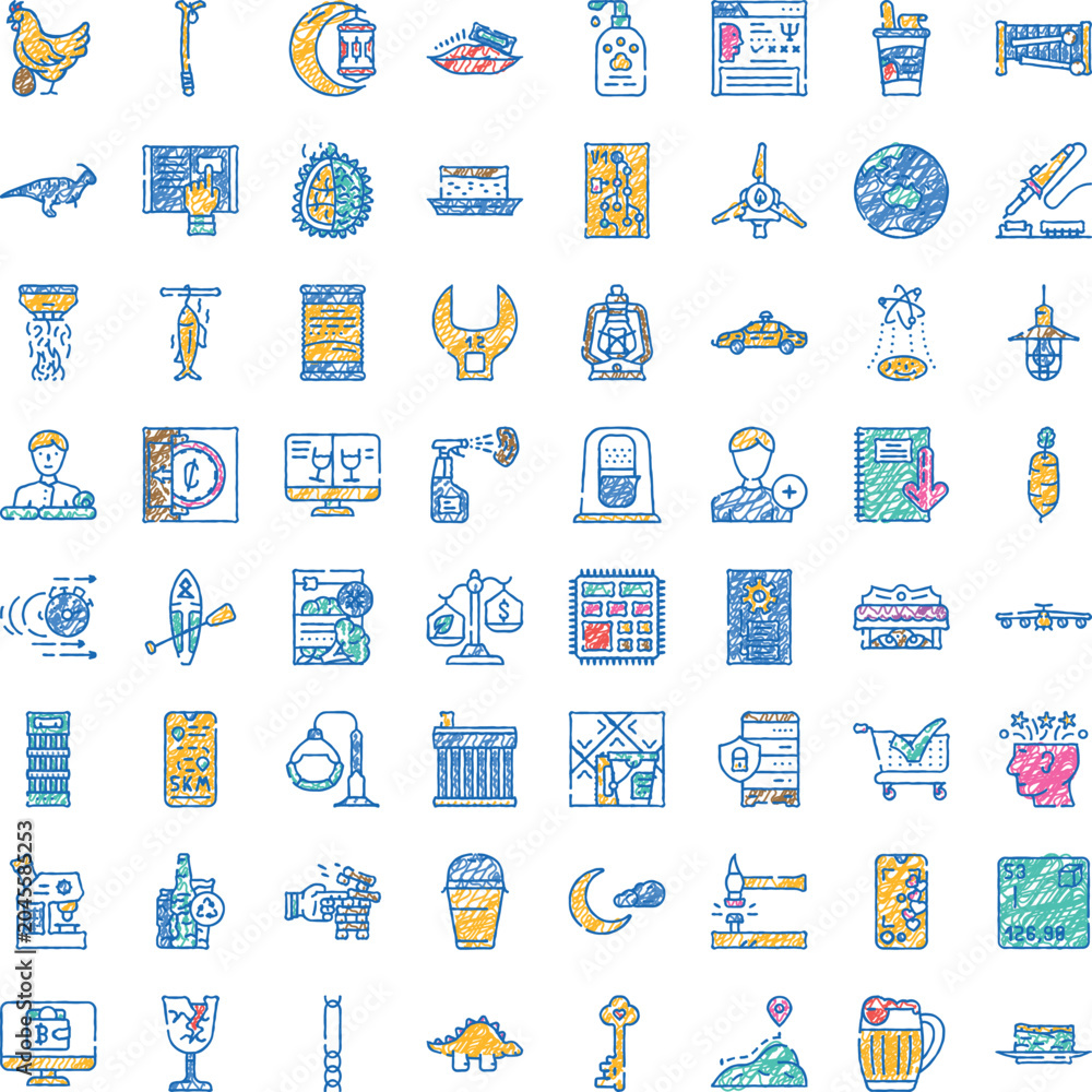 Naklejka premium Hand drawn collection of varied vector icons and symbols with a playful, sketchy texture, covering a wide range of themes, from everyday objects to abstract ideas