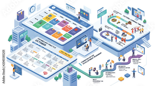 Isometric infographic showing business planning project management and team workflow processes.