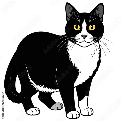 A standing illustrated feline featuring a black and white coat, yellow eyes, and a confident gaze. It has a fluffy chest and elegant pose