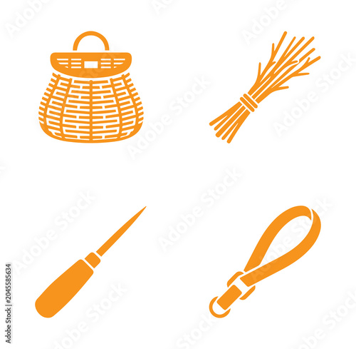 Obraz na plátne Four orange featuring a woven basket, a bundle of sticks, a metal awl tool, and