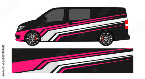 Pink and white horizontal speed line van wrap decal.