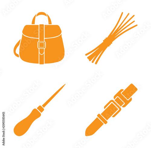 Foto Four orange displaying a leather bag, a bundle of sticks, a metal awl tool, and