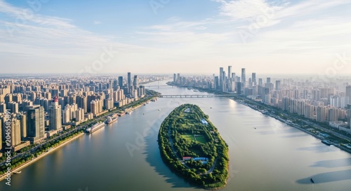 Aerial View of Orange Isle and Xiang River in Changsha City Skyline, Hunan Province, China