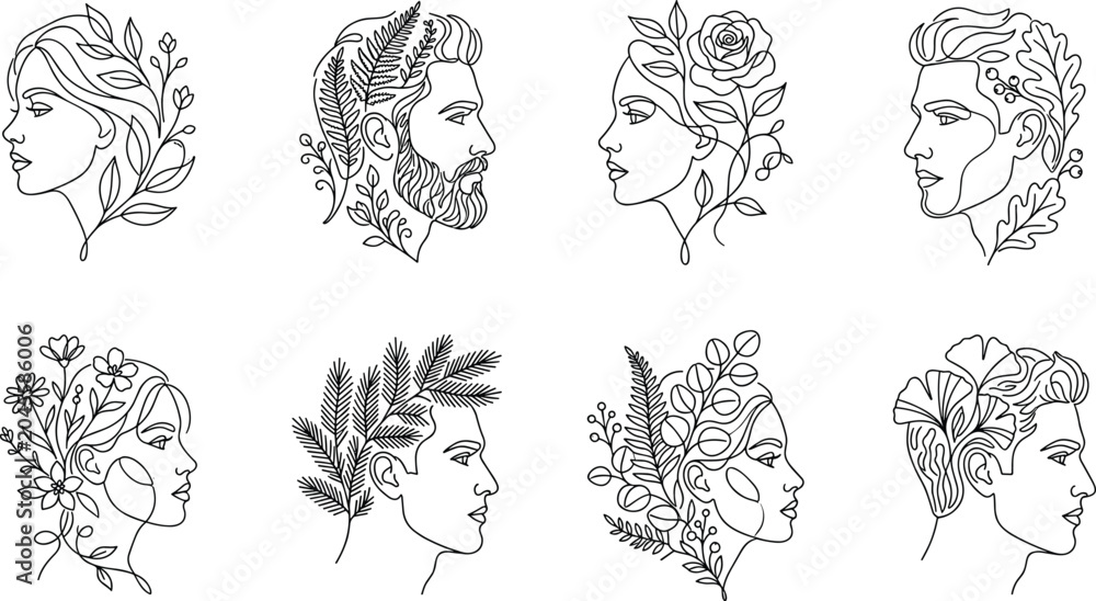 Fototapeta premium Set of eight minimalist line portraits featuring male and female profiles decorated with various botanical and foliage
