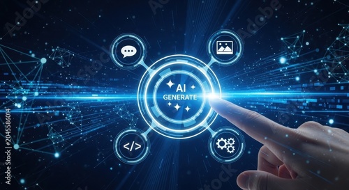Generative AI concept with person touching digital interface for automated text image and code creation on futuristic background