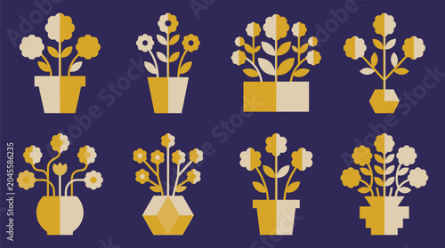 Tableau sur toile Set of eight flat depicting various potted plants and flowers in minimalist geom