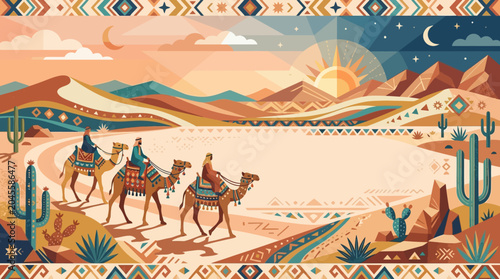 Fotografie Boho desert flat vector background, camels, dunes and tribal geometric ornaments