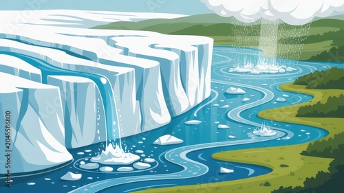 Melting glacier creating rivers flowing into the ocean, illustrating climate change impact on nature.