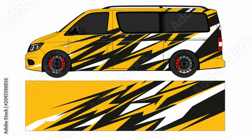 Yellow and black geometric van wrap design vector template.