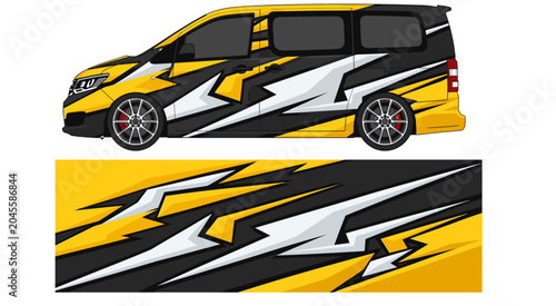 Yellow and black lightning geometric van wrap design.