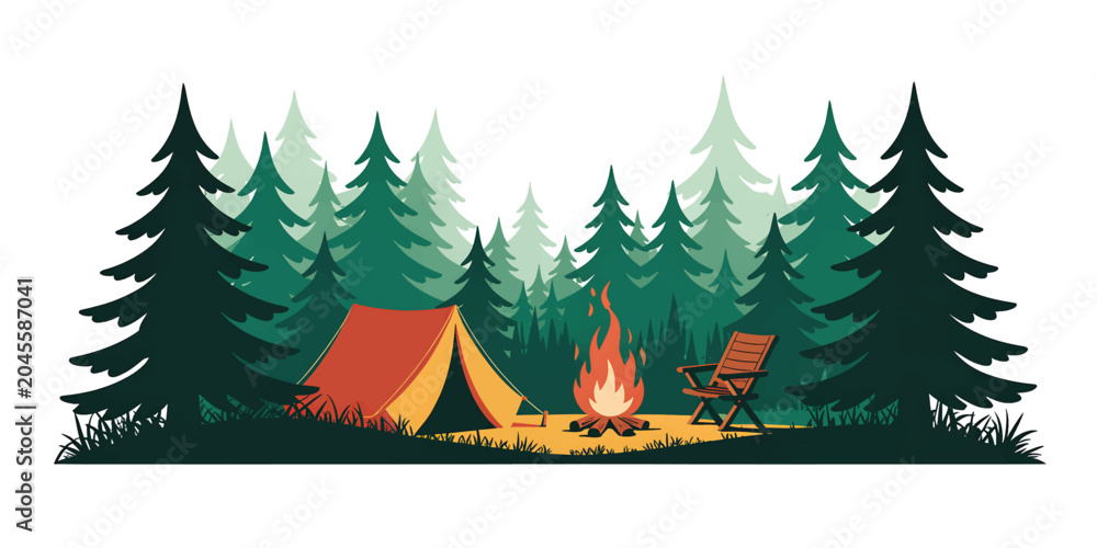 Obraz premium Camping Scene with Orange Tent and Campfire in Green Forest Silhouette Vector Illustration