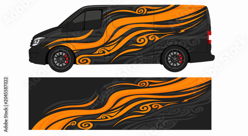 Abstract orange flame tribal style van wrap design.