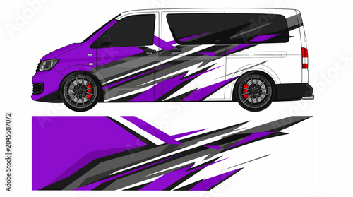 Aggressive purple and black racing van wrap design.