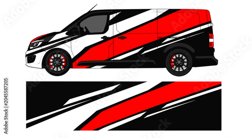 Black van with red and white geometric racing wrap design.