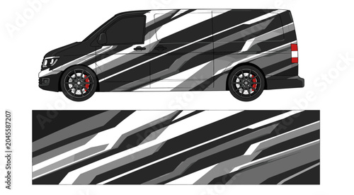 Black and grey monochrome geometric van wrap design.