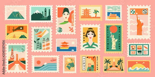 Tableau sur toile Collection Of Vintage Travel Stamps Vector Illustration With Scenic Landmarks