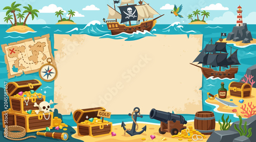 Bild auf Leinwand Adventure pirate flat vector background, treasure chests, maps and ships around