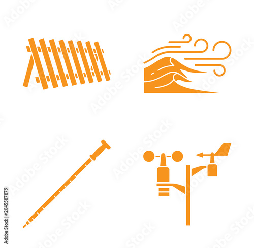 Four orange featuring a wooden barrier, wavy wind lines, a long measuring stick, and a weather station device on a white background