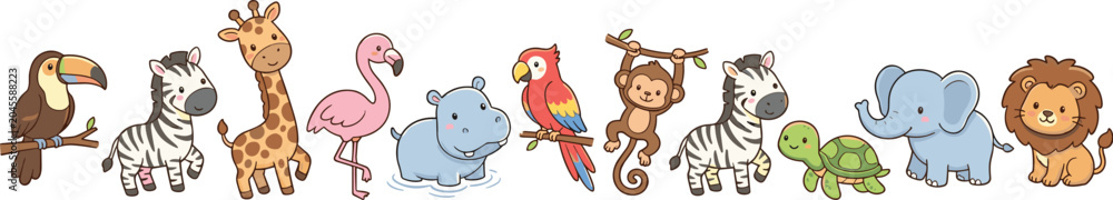 Fototapeta premium Cute safari animal border collection with toucan zebra giraffe flamingo elephant lion and jungle wildlife vector illustration set