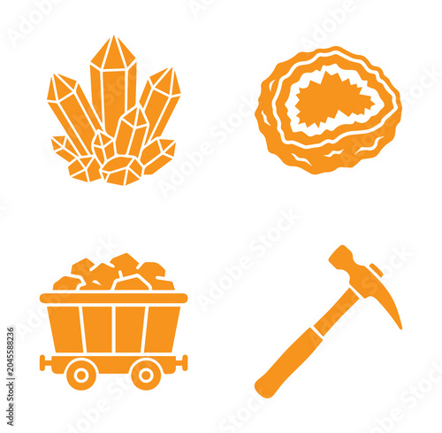 Set of four orange related to mining and geology featuring raw crystals, a geode, a mine cart filled with rocks, and a geologist hammer